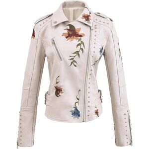 Women’s  Beige Embroidered Studded Faux Leather Moto Jacket Floral Punk